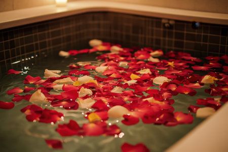 A tranquil bath filled with water and scattered rose petals, enhancing relaxation and comfort in a chic space.の写真素材