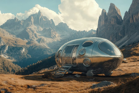 A sleek metallic structure rests in a mountainous landscape under a blue sky and fluffy clouds.の写真素材