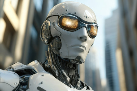 A humanoid robot with glowing eyes stands confidently in a bustling city street, showcasing advanced technology.の写真素材