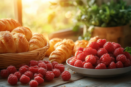 A basket of croissants and a plate of raspberries are beautifully arranged in warm morning sunlight.の写真素材
