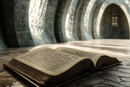 An ancient book lies open on a stone surface in a spacious, well-lit architectural environment.の写真素材