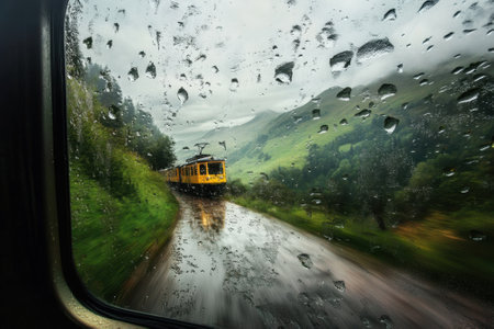 A bright yellow train navigates winding tracks through verdant hills amid a heavy rainstorm, creating a scenic view.の写真素材