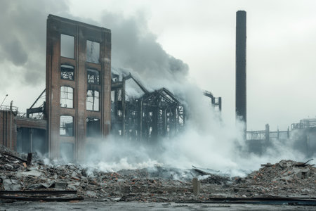 A devastating fire has devastated a factory, leaving behind charred rubble and rising smoke in the air.の写真素材