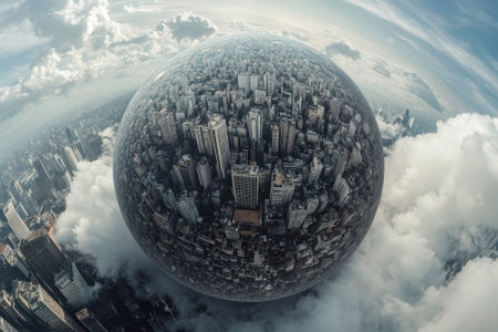 A spherical cityscape hovers among the clouds, showcasing modern architecture and vibrant urban life.の写真素材