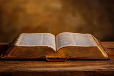 An antique book lies open on a wooden table, softly lit in a serene atmosphere, inviting readers to explore.の写真素材