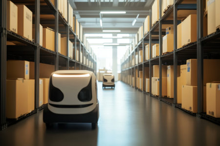 Automated vehicles navigate a modern warehouse, efficiently transporting goods between shelves.の写真素材