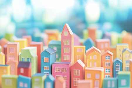 A vibrant arrangement of miniature houses in various colors creates a playful urban setting under bright light.の素材