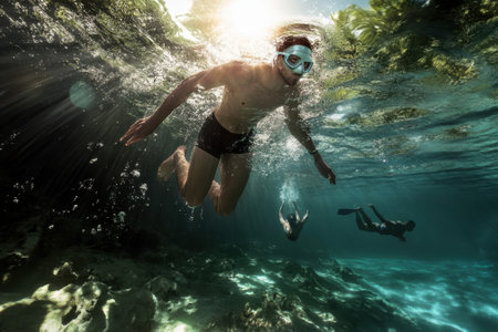 Two swimmers enjoy the beauty of the underwater ecosystem while diving in warm tropical waters.の写真素材