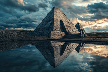 Stone pyramids rise above serene water, reflecting the dramatic clouds as the sun sets in the background.の写真素材