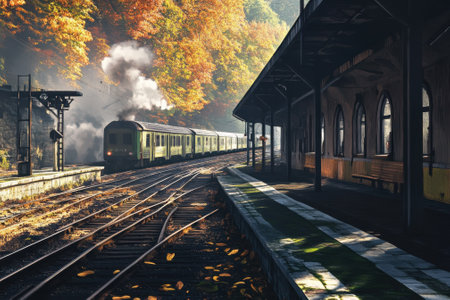 Steam rises as a vintage train moves past a serene station adorned with vibrant autumn foliage.の素材