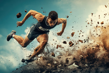 A male athlete propels forward on a challenging surface, kicking up dust and rocks in a competitive environment.の写真素材