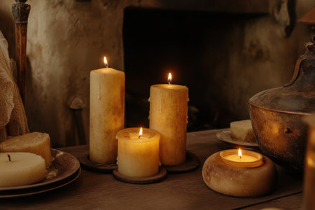Soft candlelight illuminates a rustic table filled with handmade candles and cozy ambiance in the evening.の素材