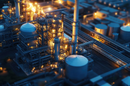 An aerial view of a large industrial facility lit by bright lights at night, highlighting extensive machinery.の写真素材