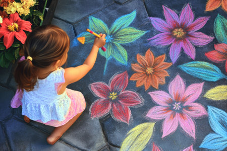 A child focuses on drawing bright flowers with chalk on stone pavement surrounded by blooming plants.の写真素材