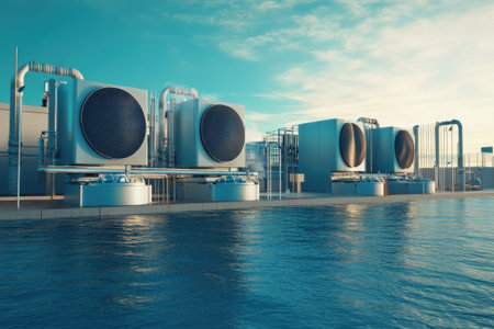 Large cooling towers located next to a water body in an industrial area under a bright blue sky.の写真素材