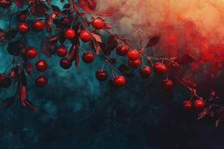 A branch of ripe red cherries hangs gracefully, set against a rich blue and orange textured backdrop.の写真素材