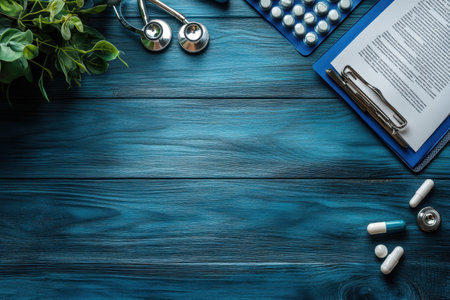 A workspace featuring medical documents, a stethoscope, and various pills arranged on a blue wooden table.の写真素材