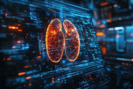 A detailed digital rendering of human kidneys illuminated by glowing data patterns and technology elements.の写真素材
