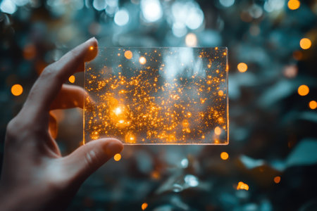 A person's hand holds a clear card that reflects golden sparkles surrounded by greenery during dusk.の写真素材