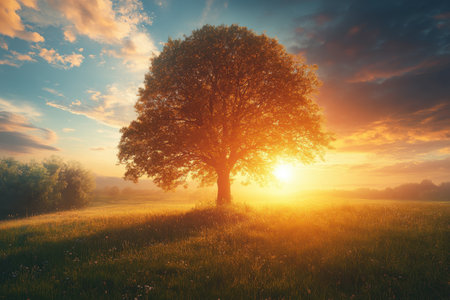 Golden sunlight filters through a lush tree, casting a warm glow over a peaceful meadow at sunset.の写真素材