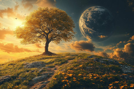 A solitary tree on a hilltop reflects the beauty of sunset.の写真素材