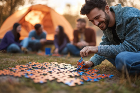 Group of friends relaxes at a campsite, working together on a colorful jigsaw puzzle on the grass.の写真素材