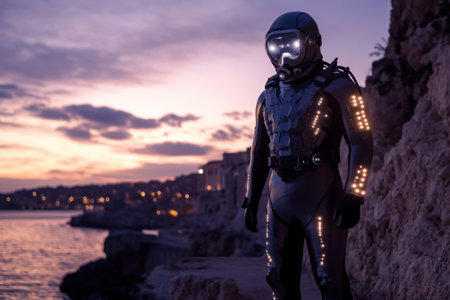 A diver wearing a high-tech suit with lights stands on rocks by the water as the sun sets in the background.の写真素材