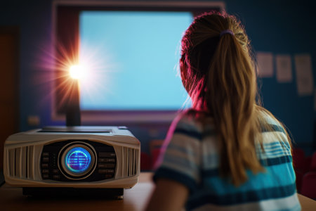 A young student watches a projector screen while seated at a desk in a classroom setting.の写真素材