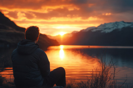A person sits quietly by a tranquil lake, admiring the vibrant sunset reflecting on the water and mountains.の写真素材