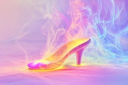 A high heel shoe in colorful hues releases swirling smoke, creating a captivating display of style and artistry.の写真素材