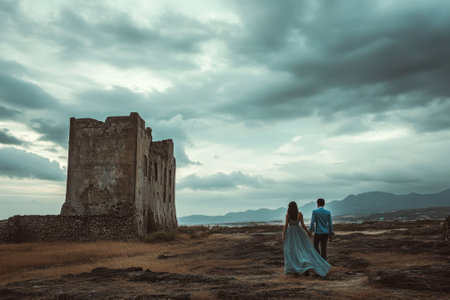 A couple strolls hand in hand towards a weathered ruin, surrounded by a vast landscape and moody clouds.の素材