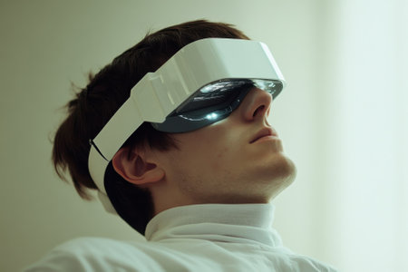 Man experiences virtual reality with a sleek headset in a bright and softly lit room, showcasing technology use.の写真素材