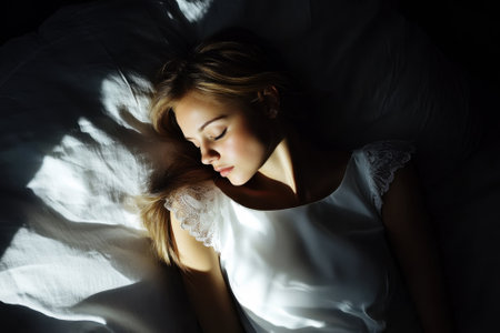 A young woman lies quietly on a bed, illuminated by gentle light, creating a serene atmosphere.の写真素材