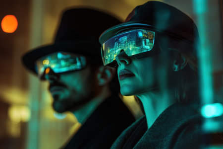 Two individuals wearing stylish futuristic eyewear engage in a focused moment in a vibrant city at night.の写真素材