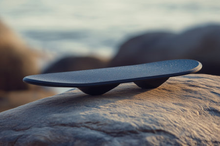 A skateboard balanced on a rock overlooks the calm water during a beautiful sunset.の写真素材