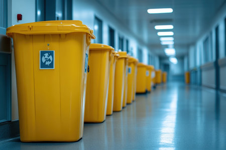 A row of yellow waste bins stands in a hospital corridor, ensuring efficient waste management.の写真素材