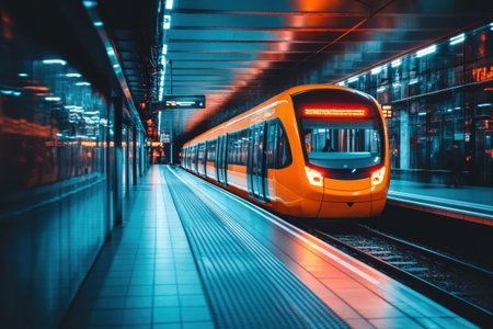 A yellow train arrives at a sleek underground subway station, illuminated by vibrant lights.の写真素材