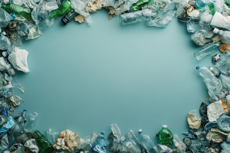Various plastic bottles and waste scattered on a blue background illustrate environmental concerns.の写真素材