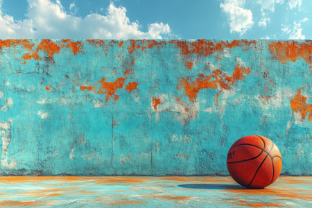 A basketball lies on a worn court with a bright blue and orange wall under a clear sky.の写真素材