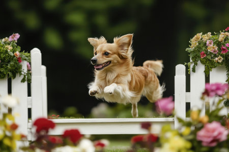 A happy dog jumps over a low fence surrounded by vibrant flowers on a sunny day.の写真素材