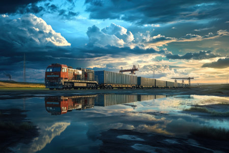 A cargo train moves across a landscape, its reflection visible in still water beneath a vibrant sunset sky.の写真素材