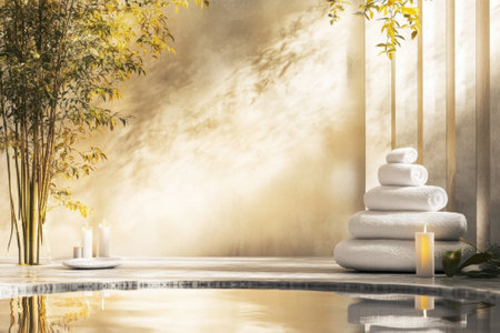Soft light illuminates a tranquil spa space with stacked towels, water feature, and gentle greenery nearby.の写真素材