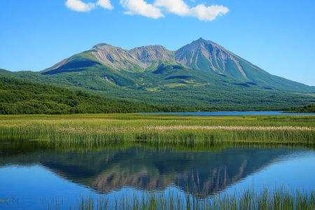 Majestic mountains rise over a calm lake, surrounded by lush greenery and under a bright blue sky.の写真素材