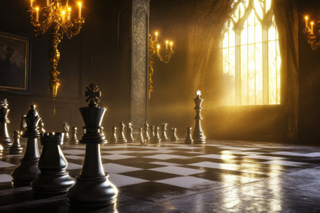 Giant chess pieces are arranged on a polished floor, illuminated by soft, golden light streaming through tall windows.の写真素材