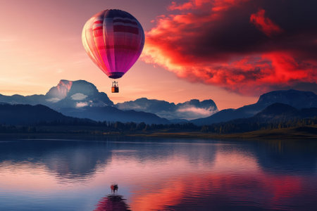 A vibrant hot air balloon floats above a calm lake surrounded by majestic mountains during sunset.の写真素材
