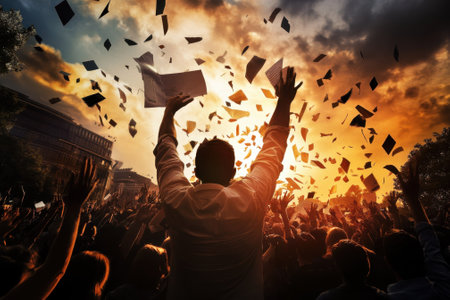 A large crowd raises their hands and papers in celebration under a dramatic sunset sky, creating a lively atmosphere.の写真素材