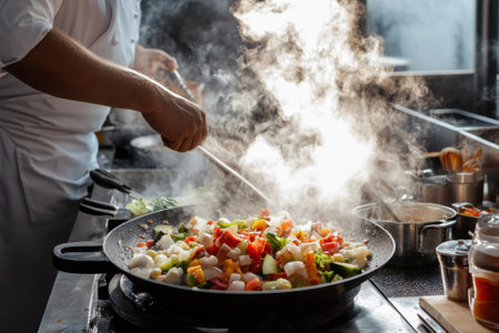 Cooking vibrant vegetables in a hot pan while steam rises in a lively kitchen setting.の写真素材