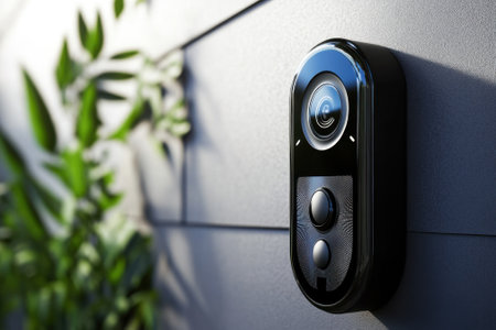 A smart doorbell camera is installed on an exterior wall among plants, enhancing home security and convenience.の写真素材