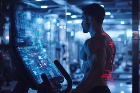 A man engages with a holographic display while exercising on a stationary bike in a modern gym.の写真素材