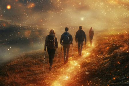 A group of friends enjoys a scenic hike during sunset on a tranquil path surrounded by nature.の写真素材